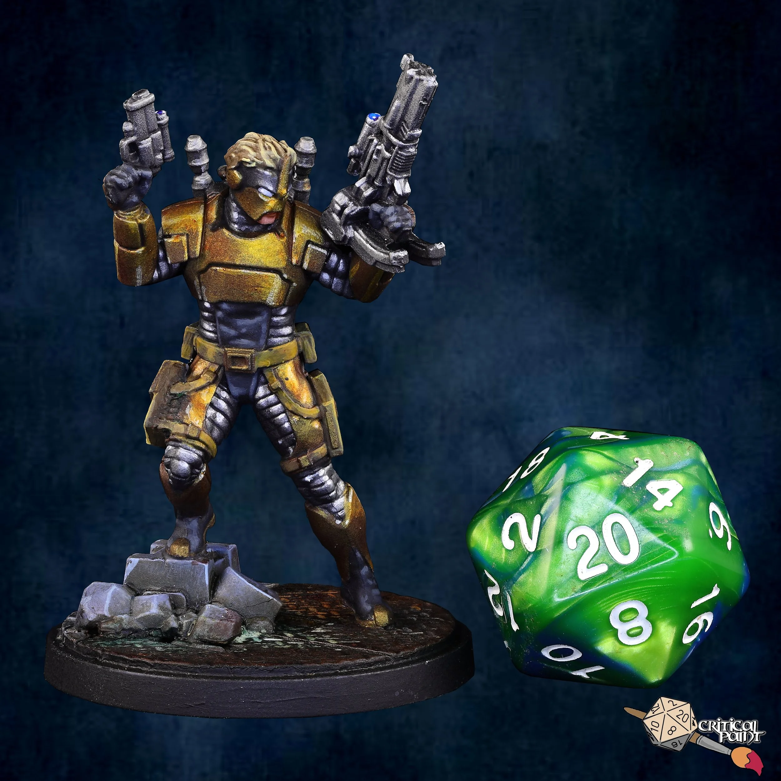 A tabletop gaming figurine of a warrior holding two guns, painted in yellow and metallic colors, standing on a rocky base. To the right, a green 20-sided die shows the number 20, and a small logo with the words 'Critical Paint' is in the bottom right corner.