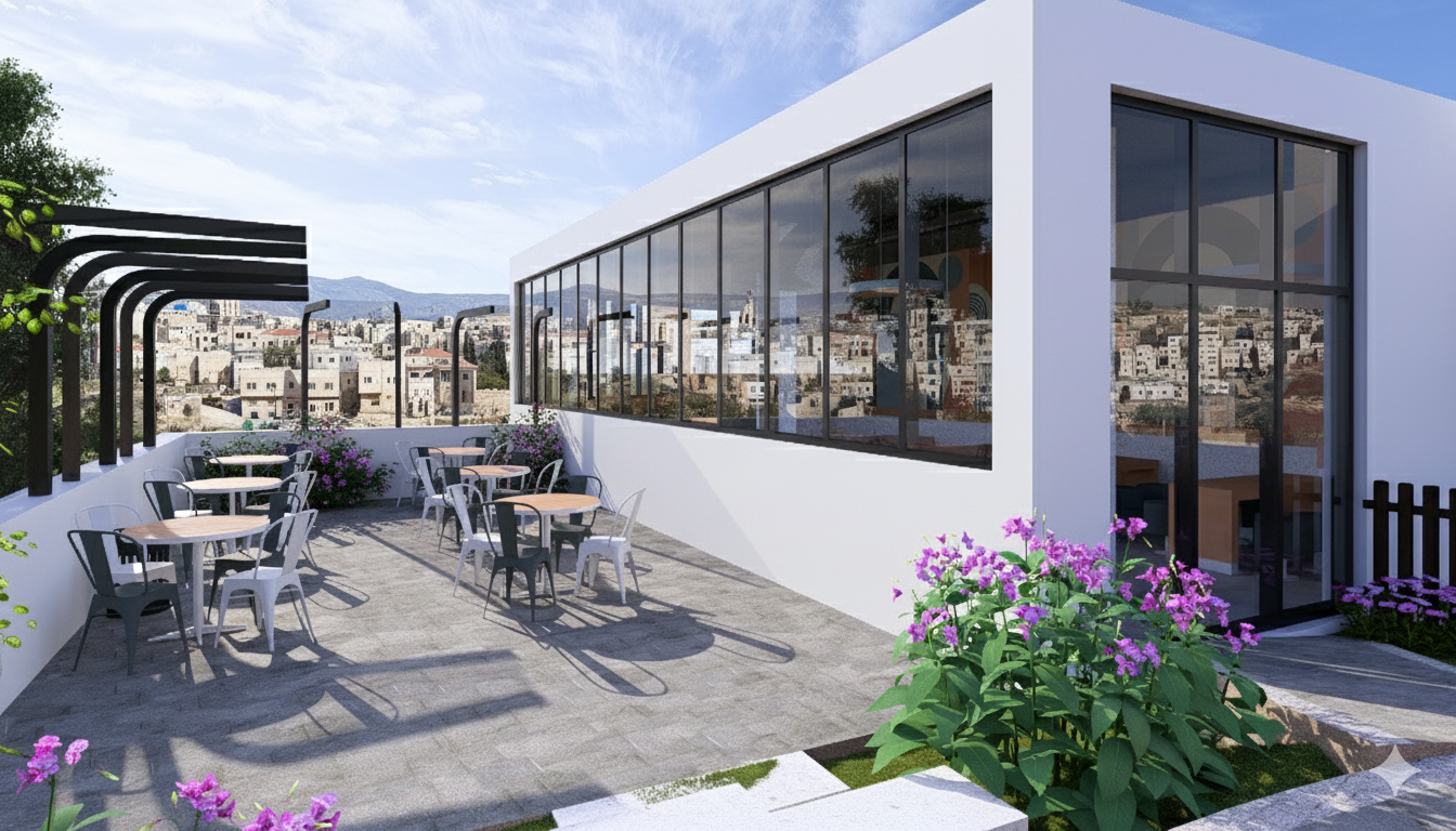 Rooftop terrace with tables and chairs, surrounded by flowers, with a cityscape view and house on the side.