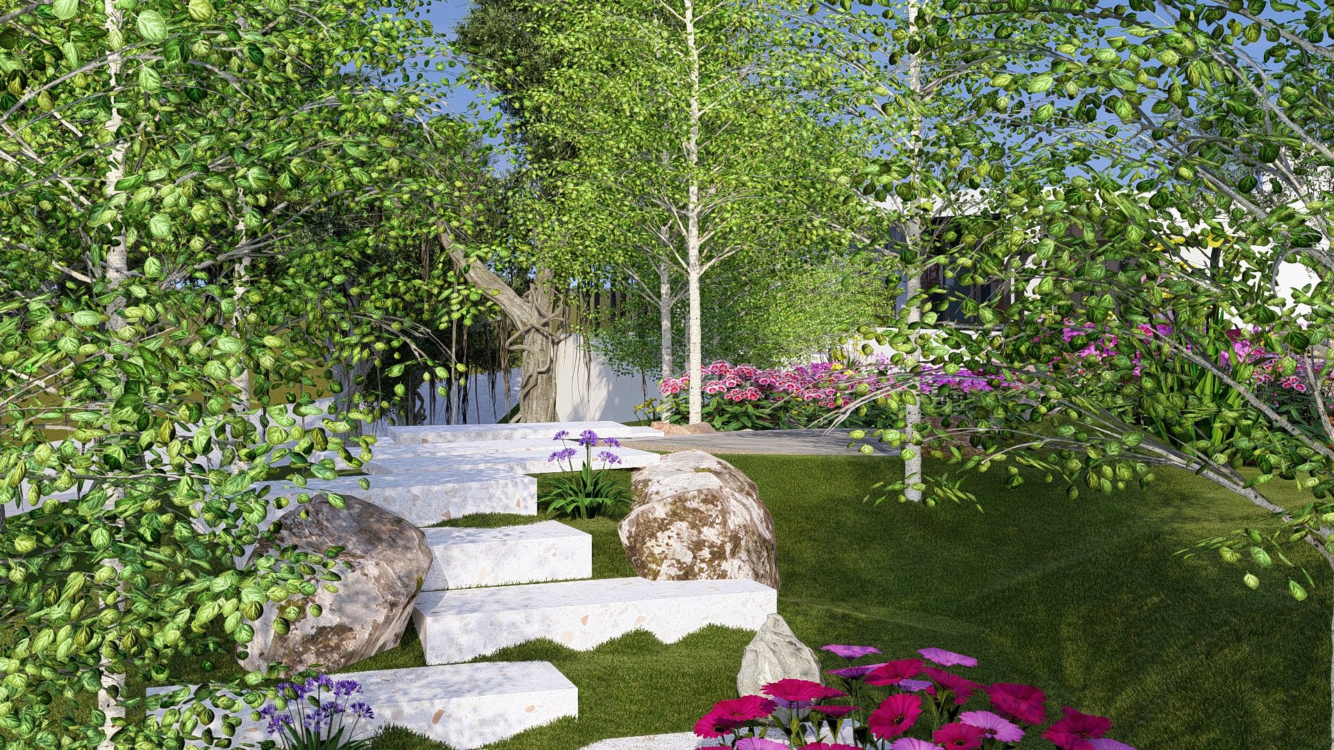 A landscaped garden with stone steps, trees, and vibrant flowers, including pink and purple blossoms, under a blue sky.