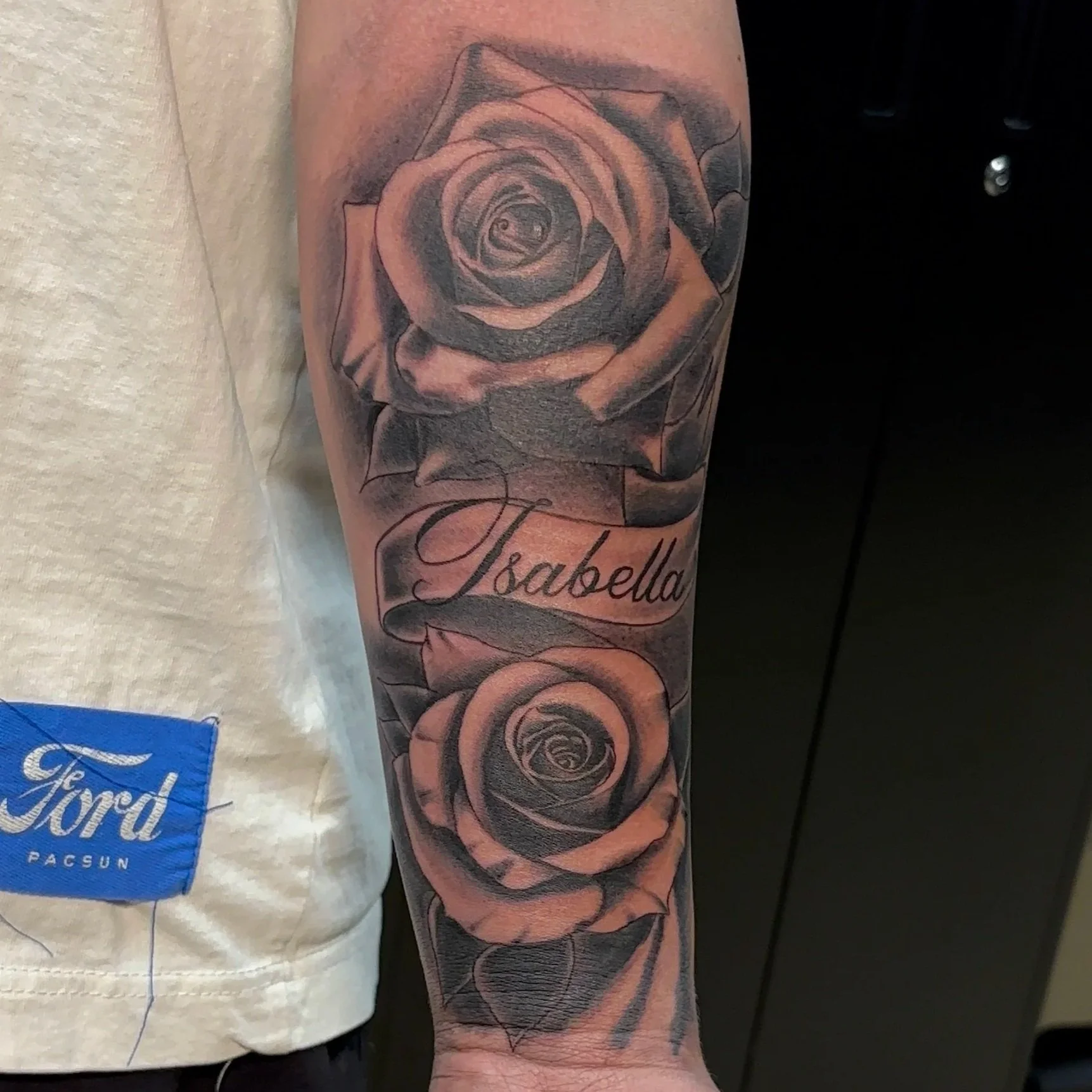 Icarus falling angel tattoo. Black and grey. Springdale, AR