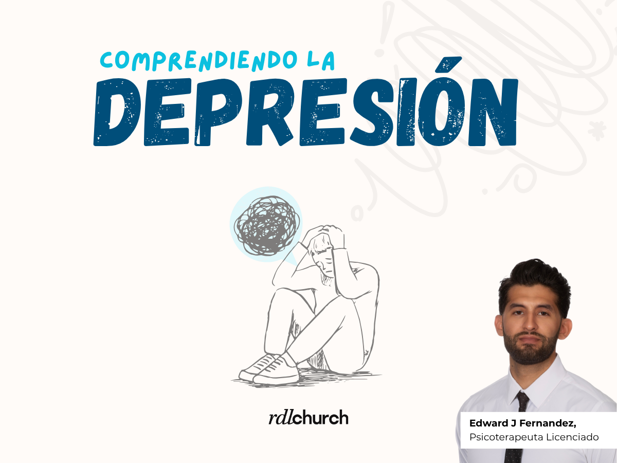 A digital graphic featuring a person sitting with knees drawn up, holding their head, with a scribbled dark cloud above their head representing depression. The text in Spanish reads "Comprendiendo la Depresión" and includes a photo and name of Edward J Fernandez, a licensed psychotherapist. The background has light abstract scribbles.