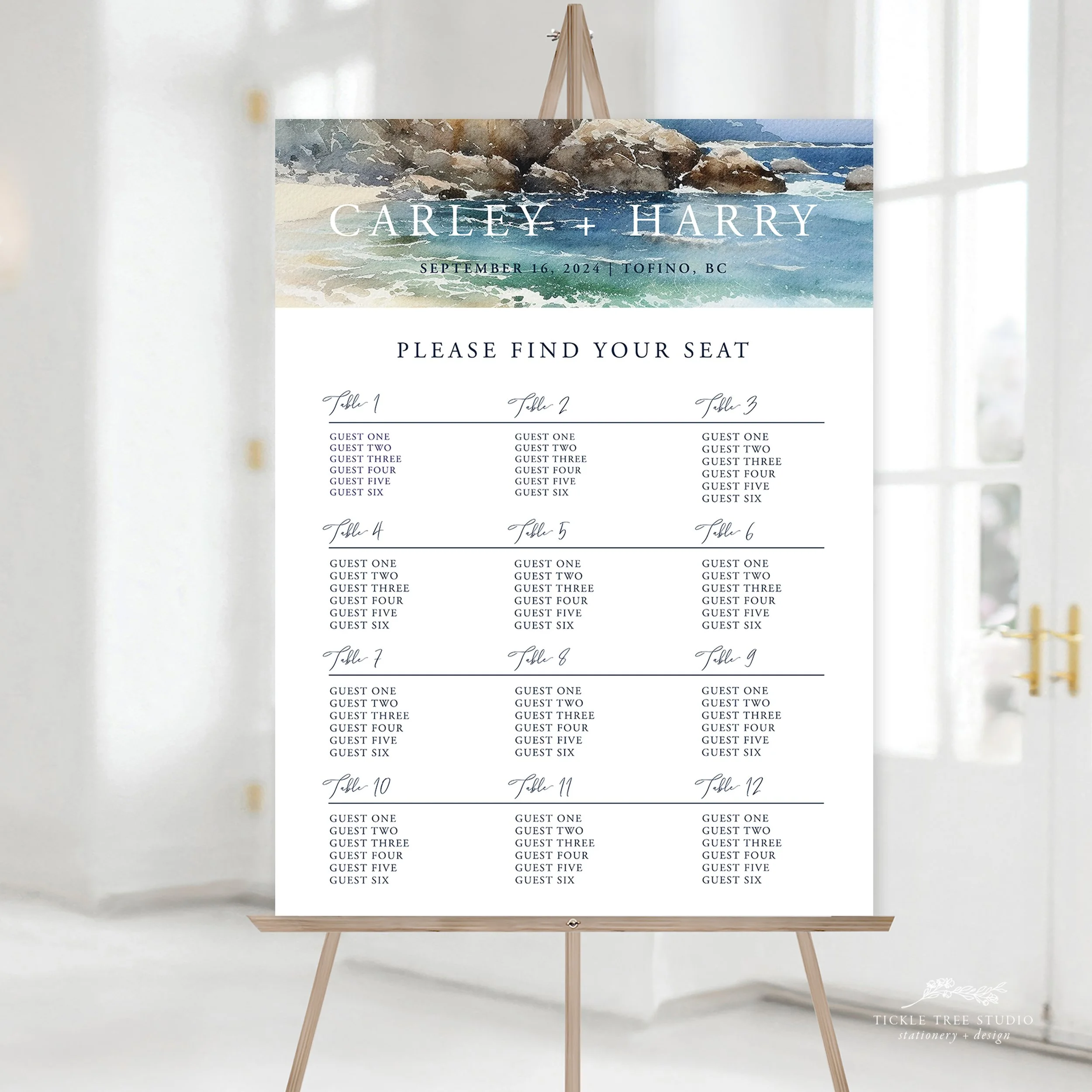 Coastal wedding seating chart design featuring a beach landscape illustration. Professionally prepared print-ready signage for seaside and coastal weddings.