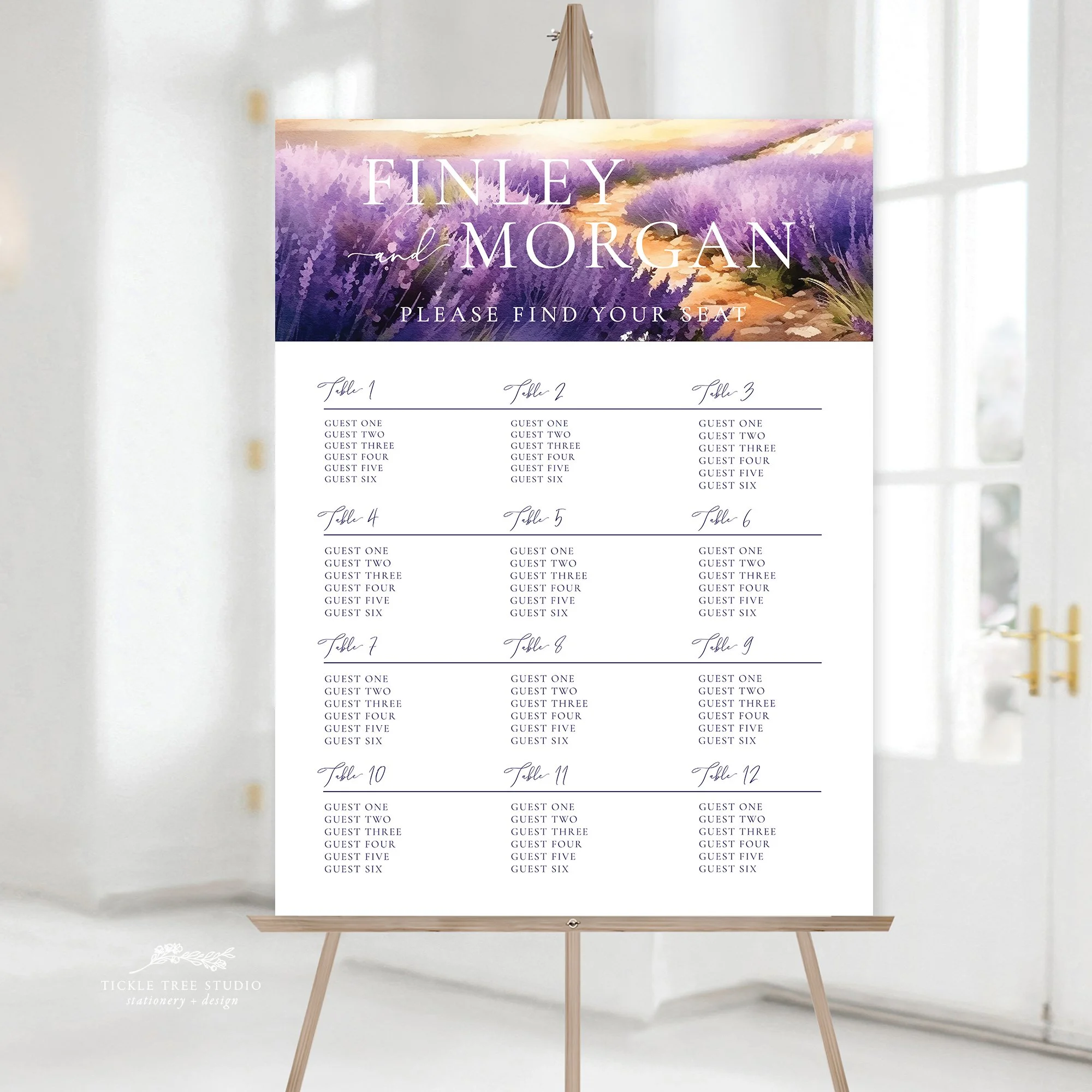 Lavender Field Wedding Seating Chart – Purple Floral Seating Chart - W002