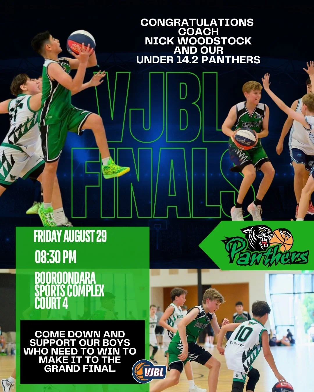 Congratulations to our Doncaster Panthers under 14.2 boys who finished top of their pool to qualify for the VJBL finals. We would love to see lots of support down at Boroondara on Friday night.