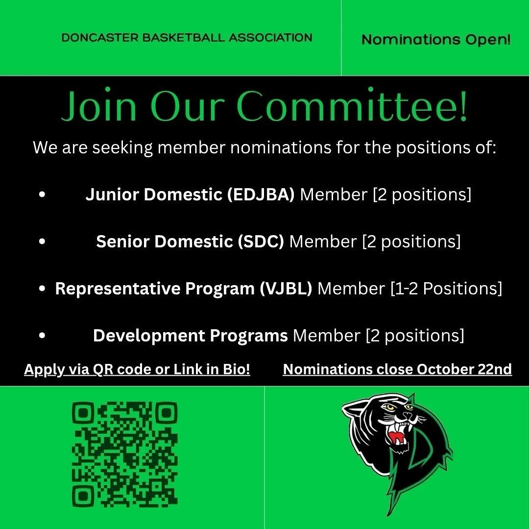 Apply now and get involved at Doncaster Basketball!! 💚🖤