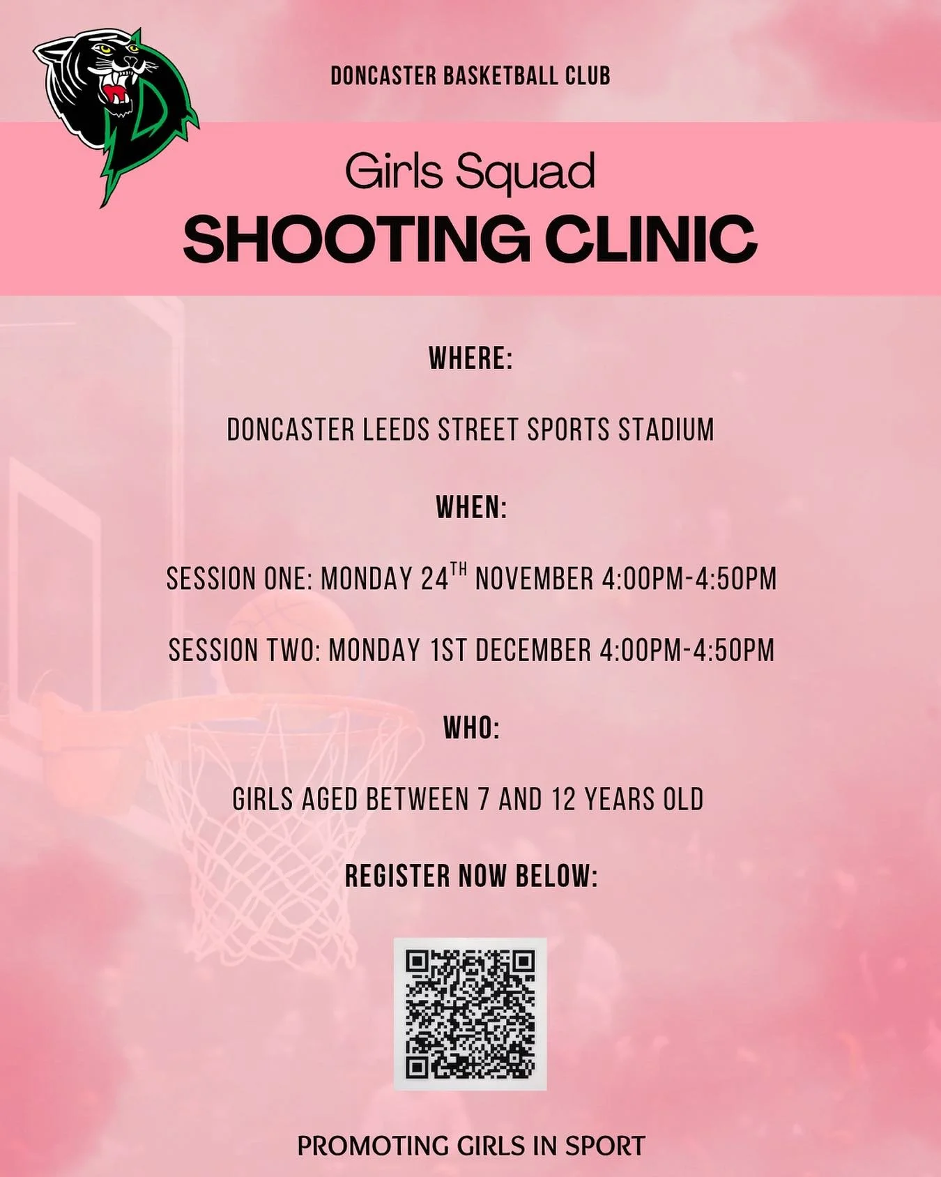 Term 4 Girls Squad Shooting Clinic Registrations are now open! 💗

If your child is female and aged 7 to 12, and wants to improve their shooting skills and technique, then this program is for you!

Register via the QR Code or through our website! 

#