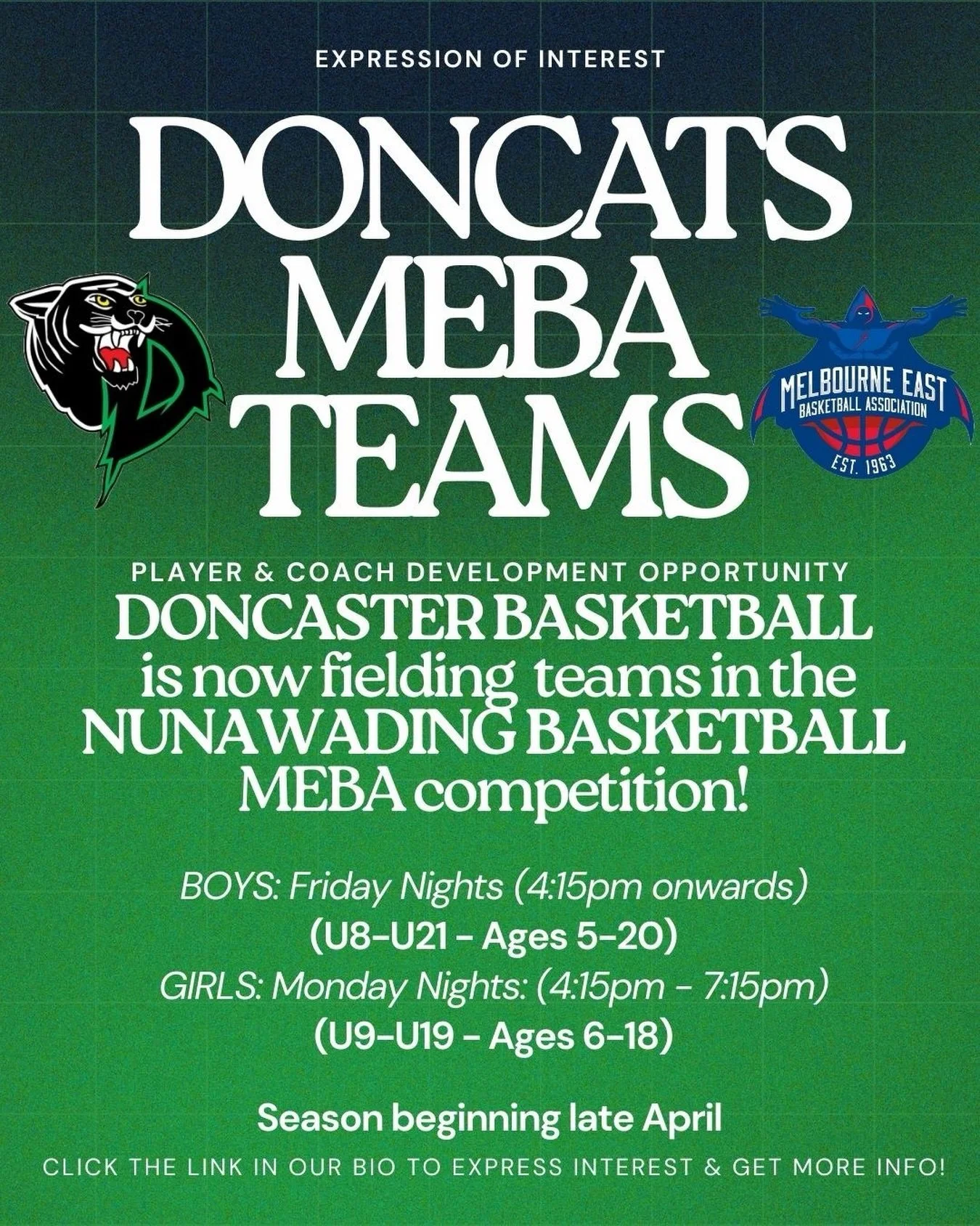 Doncaster Basketball Club will be opening registrations to Doncats players for an extra game each week!! We will be fielding teams in the MEBA junior basketball competition in combination with a coaching and player development program!!

LINK IN BIO