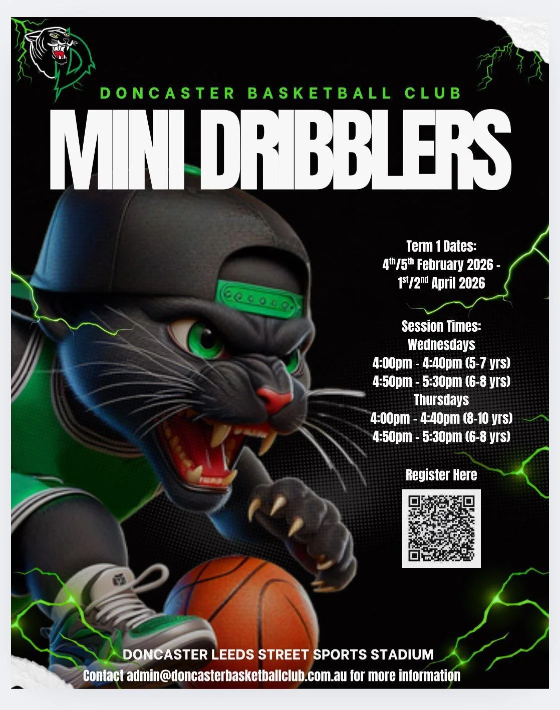 Poster for Doncaster Basketball Club's Mini Dribblers program featuring a cartoon black panther with a green cap and uniform dribbling a basketball, surrounded by green lightning effects, with session details and a QR code.