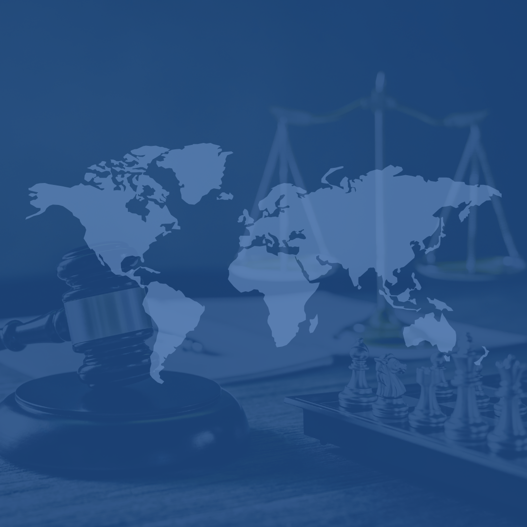 A world map overlay with a gavel, scales of justice, and chess pieces on a blue background.