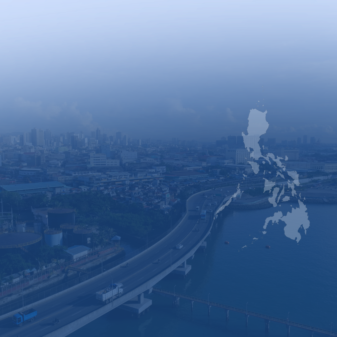 A cityscape view of a waterfront city with buildings, a bridge, and ships, overlaid with a semi-transparent outline map of the Philippines.
