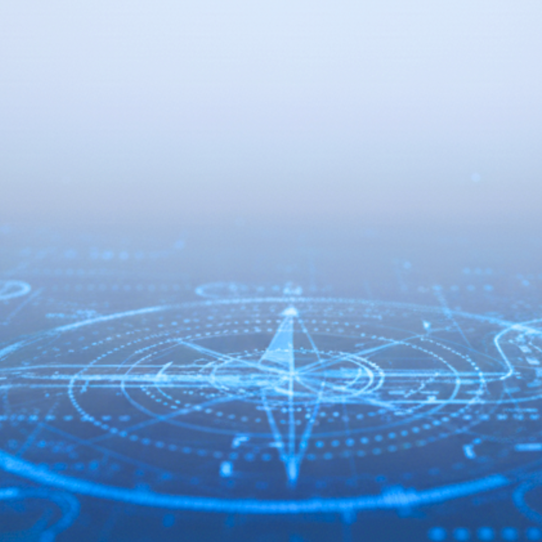 Digital radar or navigation display with blue glowing lines and circular patterns on a dark background