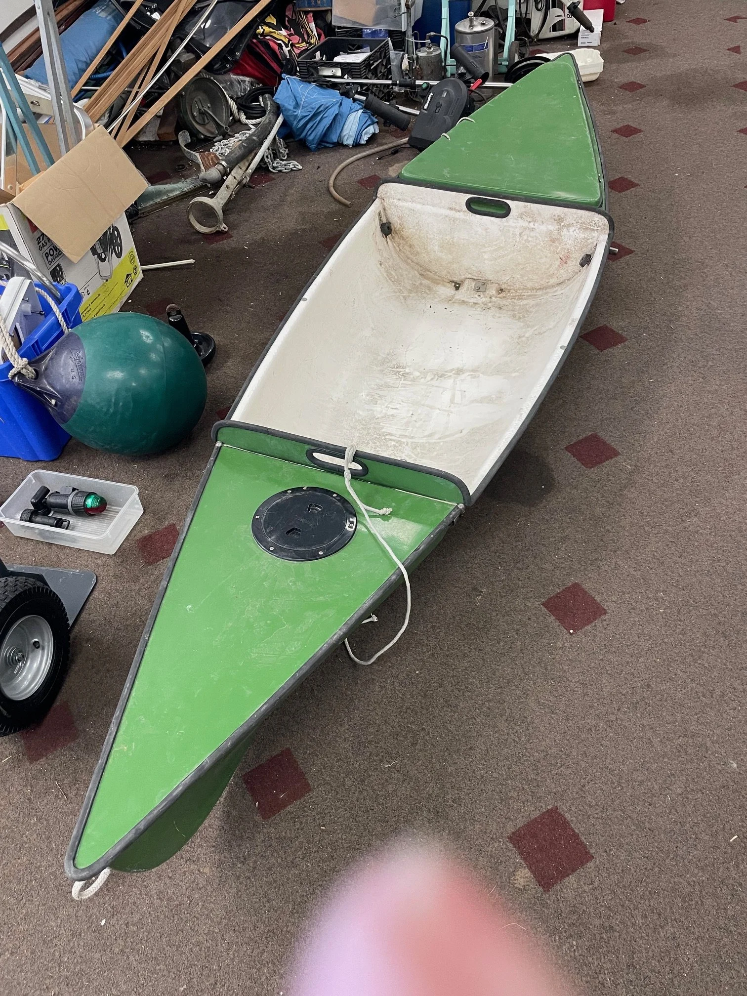 Super Rare “Piece Boat SOLO Kayak” modular 3 piece 10’8” fiberglass kayak. by the Piece Watercraft company of 71 Marsh st Noank CT. super light at 40lbs with capacity of 235 lbs $500