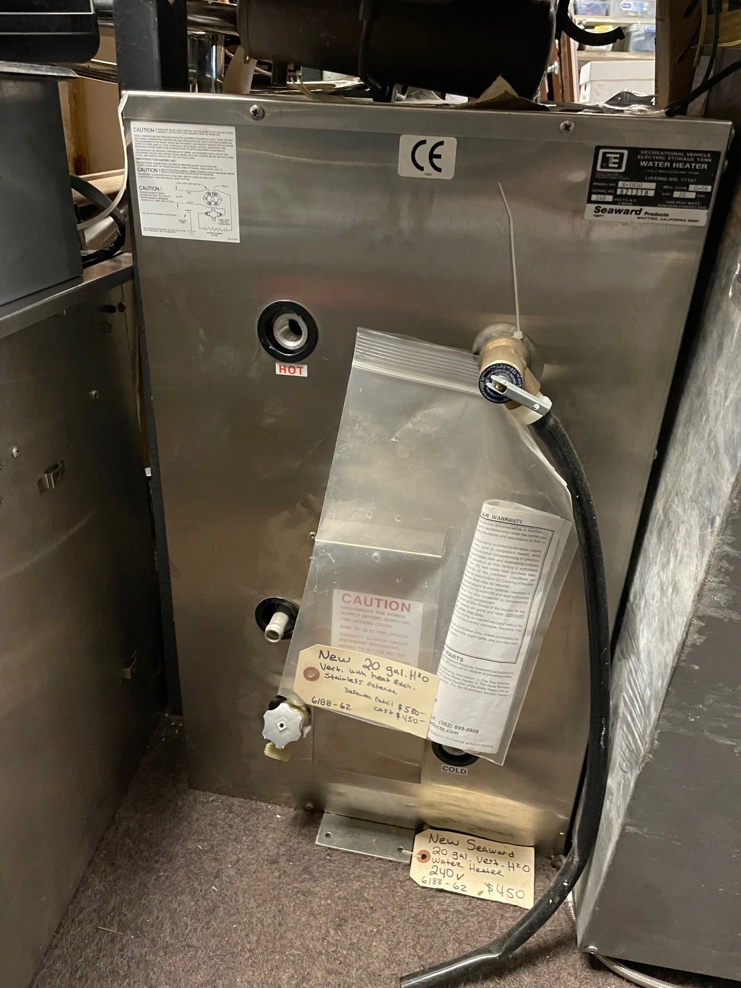 Seaward 20 Gallon Hot Water Heater w/Front Heat Exchanger – Stainless Steel – 240V [S1950] New $250