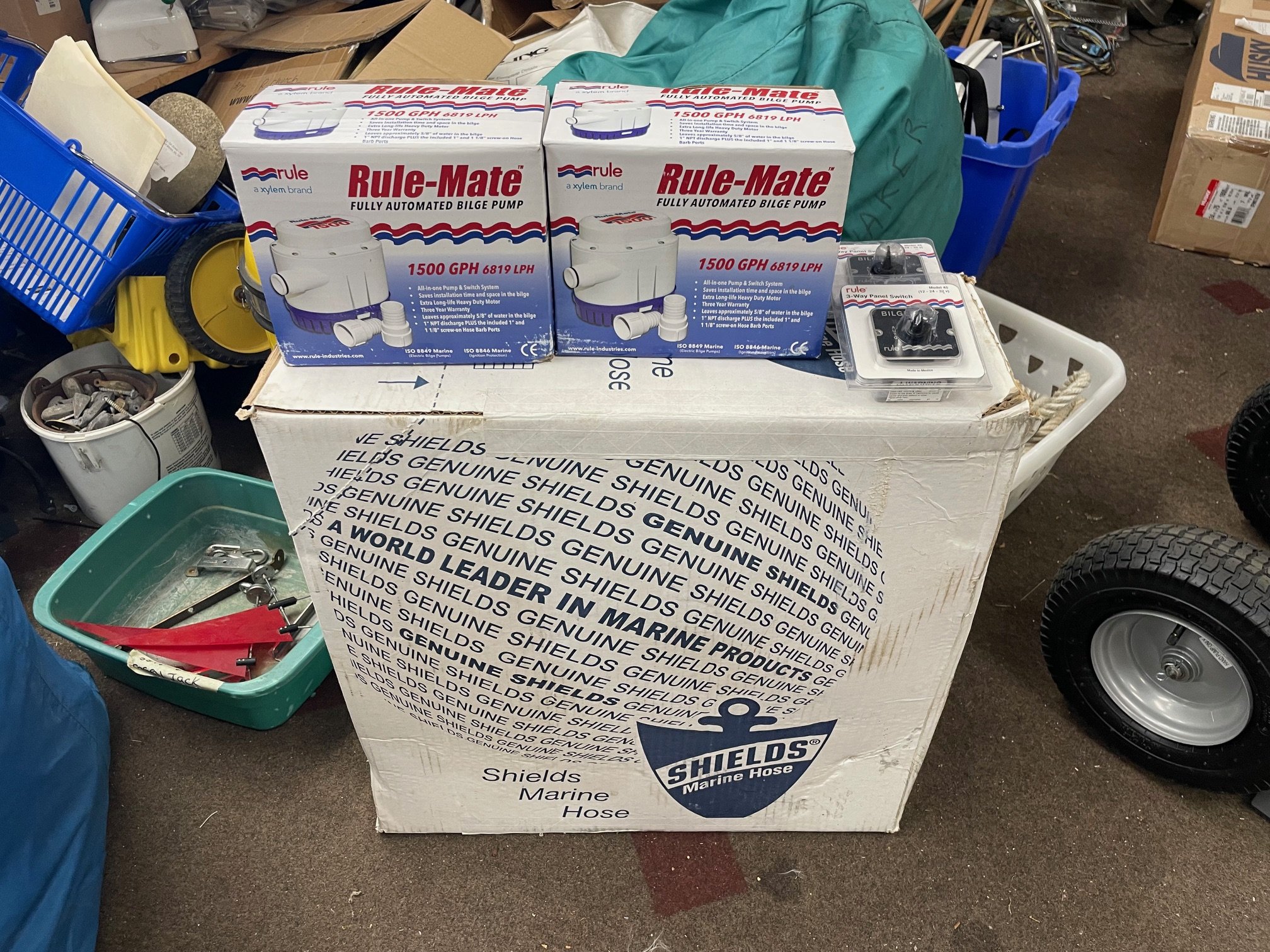 Bilge Pump System Includes 2 Rule Mate 1500 automatic bilge pumps with switches and 1- 50’ roll of shields 1-1/8” hose NEW $450.00