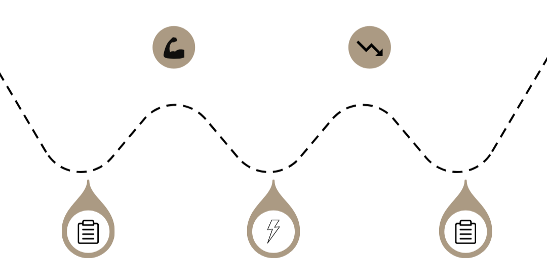 Wavy white path with dashed centerline and icons for strength, decline, checklists, and energy.