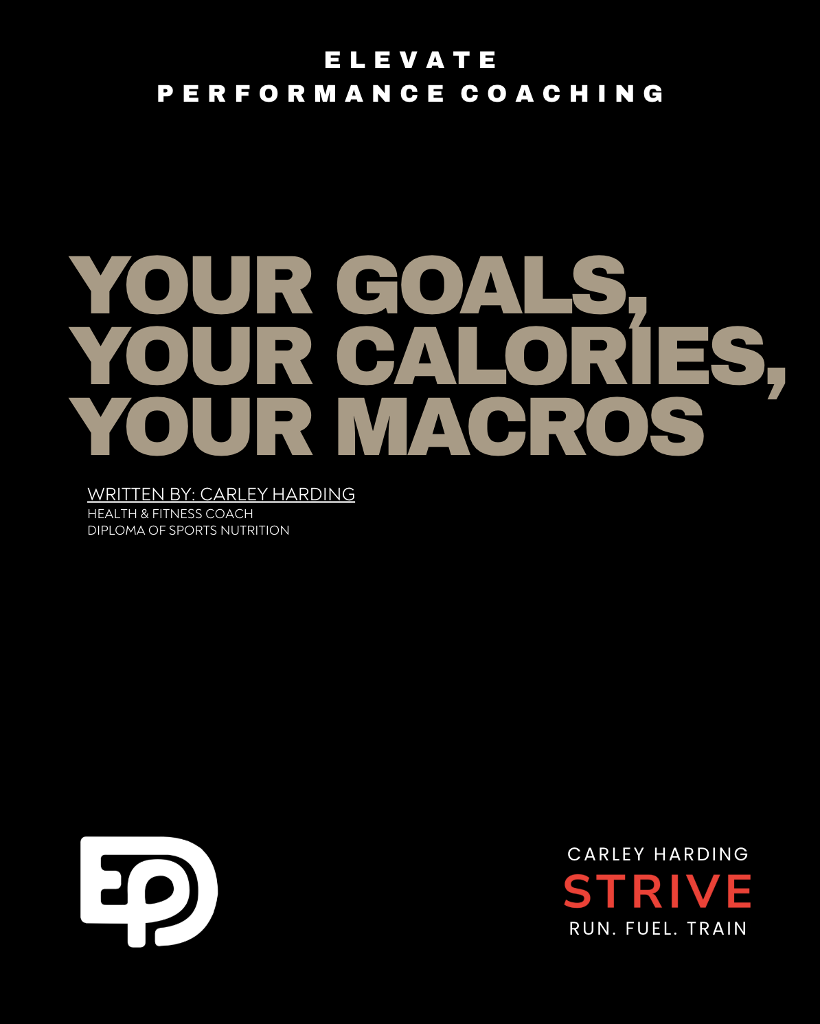Black fitness coaching graphic titled “Your Goals, Your Calories, Your Macros,” by health and fitness coach Carley Harding, with Strive Run. Fuel. Train branding.