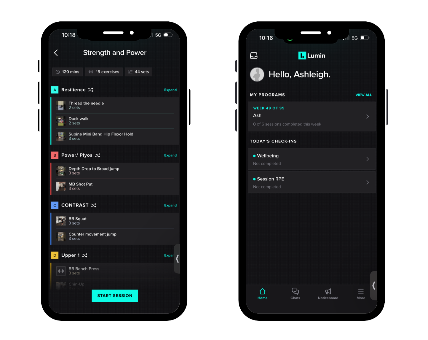 Two smartphone screens showing the Lumin fitness app: a strength and power workout plan on the left and a home dashboard greeting Ashleigh on the right.