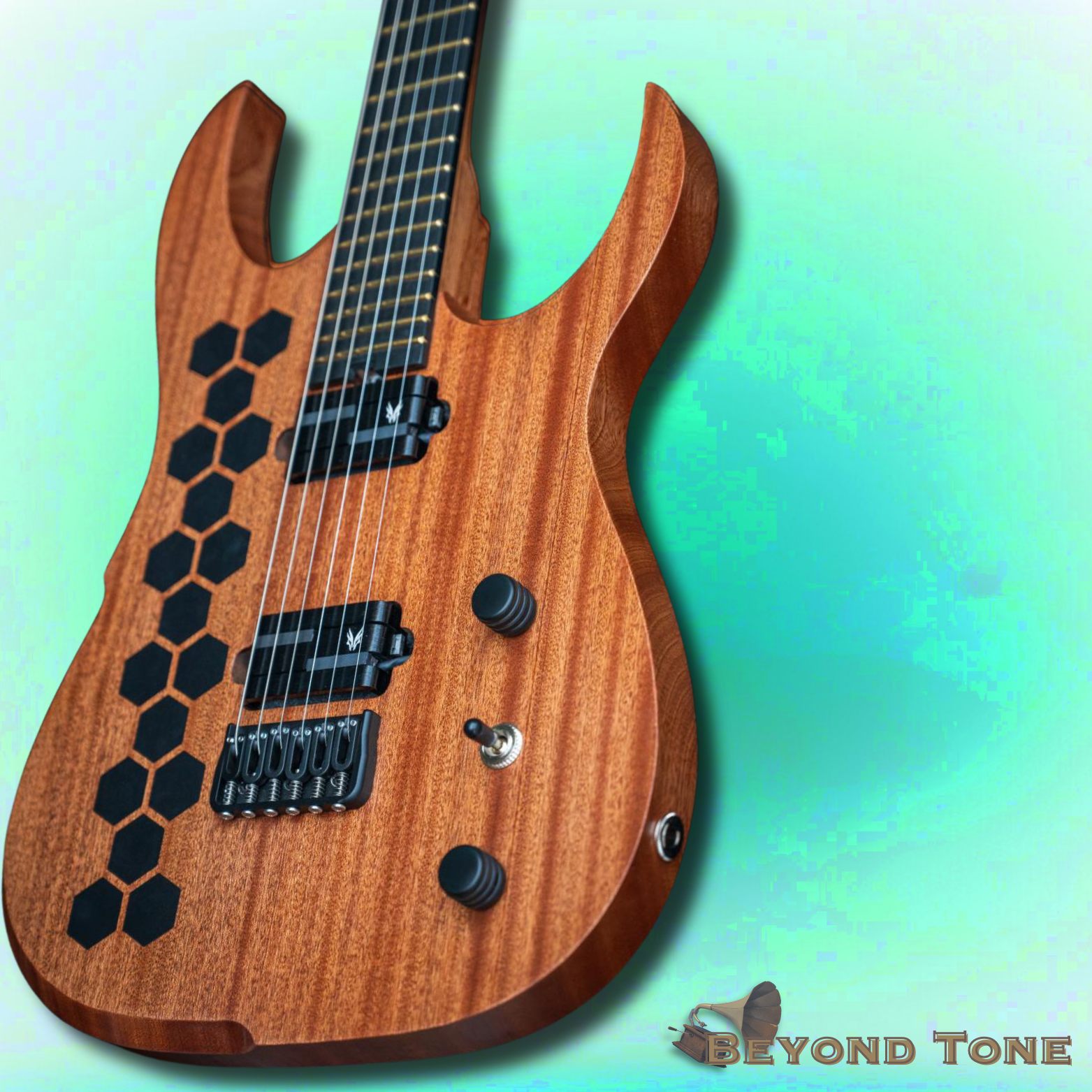 A wooden electric bass guitar with black hexagon patterns on the body, black pickups, control knobs, and a toggle switch, against a light green background.