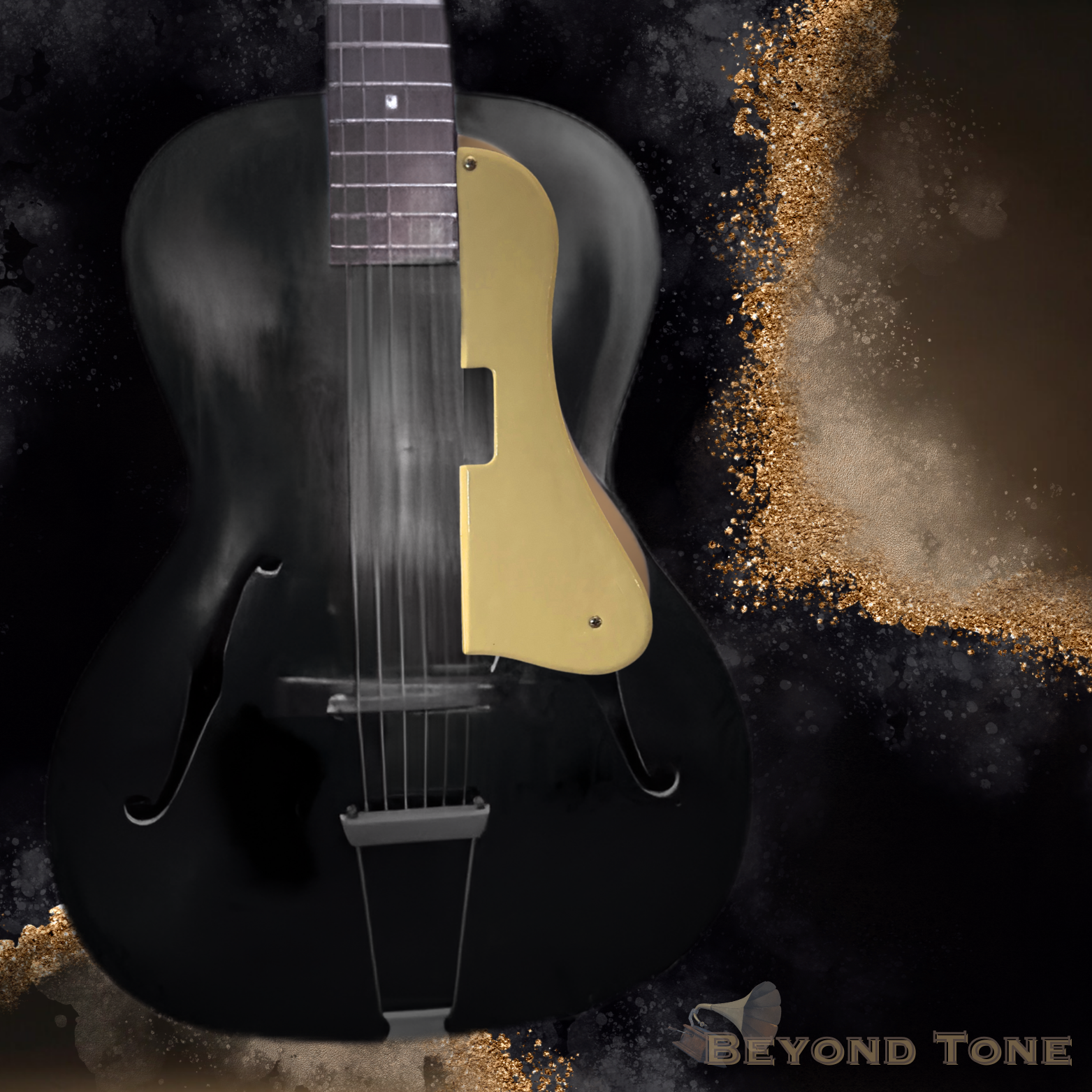 Black electric guitar with gold pickguard against a dark, glittery background with gold and bronze accents. The text 'Beyond Tone' is in the bottom right corner.