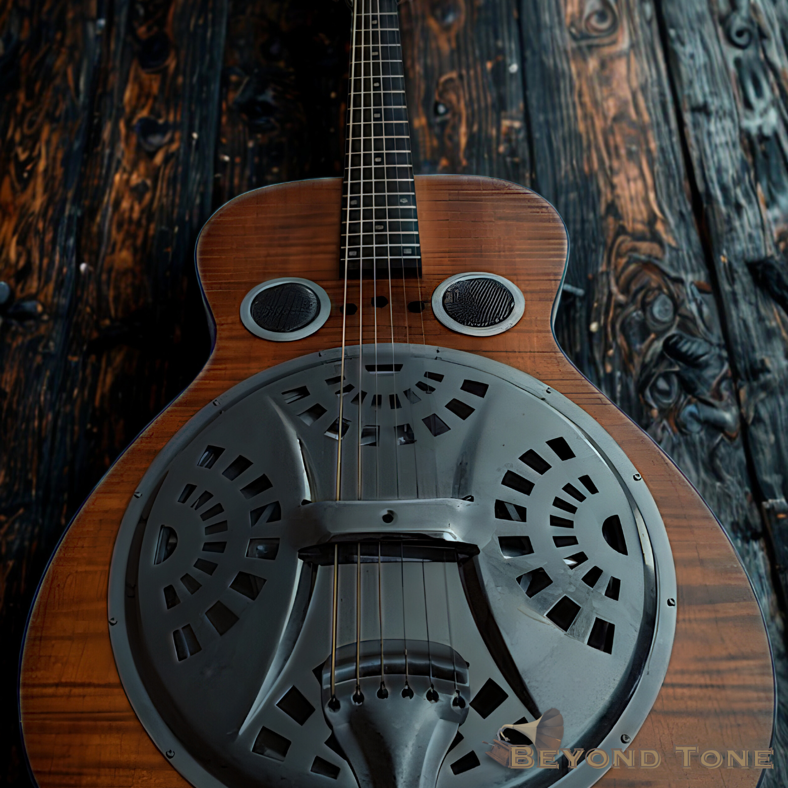 An acoustic guitar with a metal resonator body, placed on a dark wooden surface.