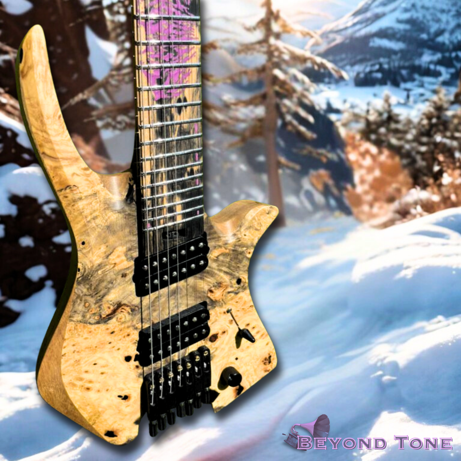 An electric guitar with a natural wood finish on a snowy mountain landscape with trees and snow-covered slopes in the background.