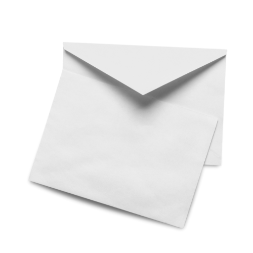 A white envelope and a white piece of paper against a black background.