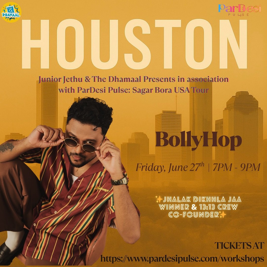 H-TOWN, ARE YOU READY?
🚨 SAGAR BORA. LIVE. IN THE U.S.A. 🚨

For the first time ever, the Hitman of Indian Choreography is bringing his BollyHop magic to Houston!

Train with Jhalak Dikhhla Jaa winner + 13:13 Crew co-founder &mdash; repping India at