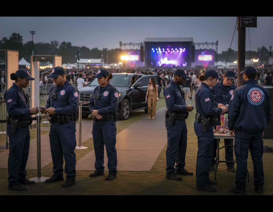 Uniformed event security guard managing crowds at Ventura County festivals—radio-equipped, badge-visible, providing safety in Oxnard, Thousand Oaks, and Simi Valley.