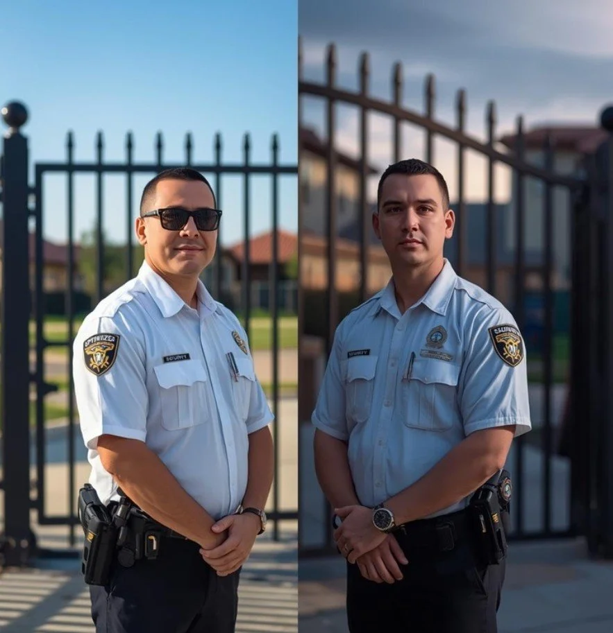 Uniformed onsite security guard patrolling Ventura County properties in Oxnard, Camarillo—visible deterrence with radio, flashlight, and Optimized Security Services badge.