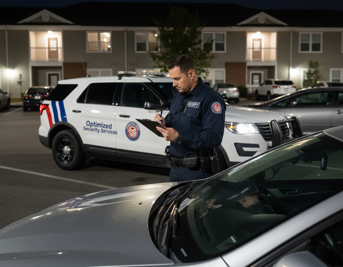 "Unarmed security guard checking apartment parking permits at night | Permit verification services for Simi Valley apartment complexes, HOA parking enforcement, tenant vehicle safelist management by Optimized Security Services Ventura County"
