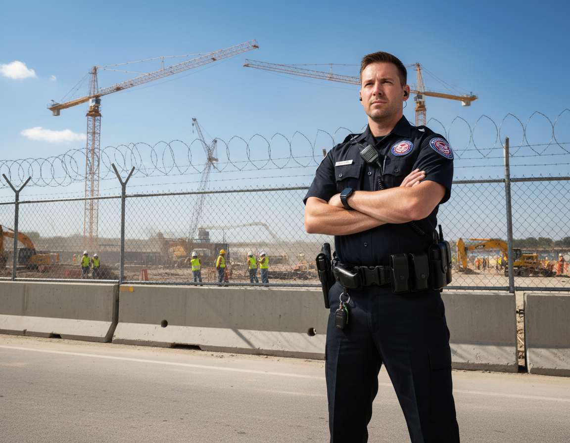 construction security guard watching over the equipment and property line so no one trespasses