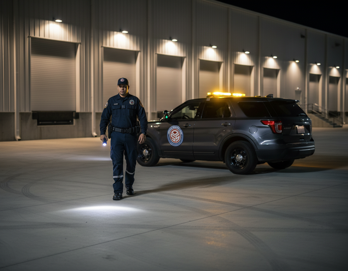 Professional warehouse security guard patrolling aisles in Camarillo facility—ensuring inventory protection, surveillance, and rapid incident response for industrial clients