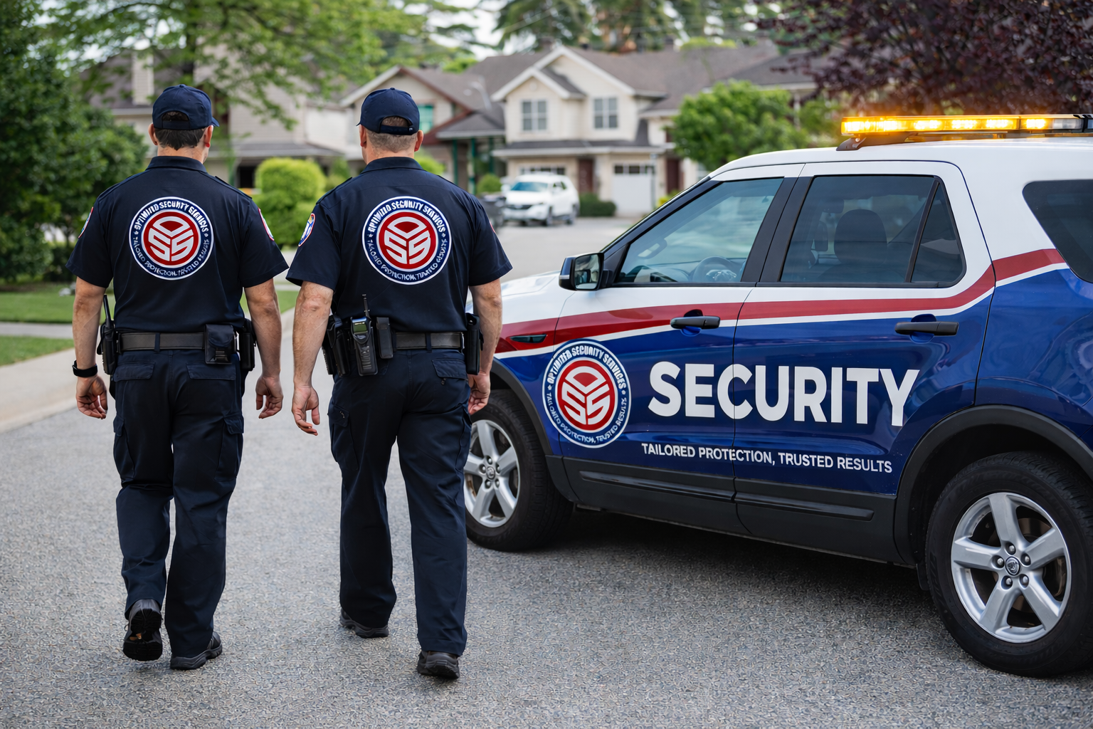 Two security officers in navy uniforms walking away from the camera past a security vehicle in a suburban neighborhood with houses and trees.