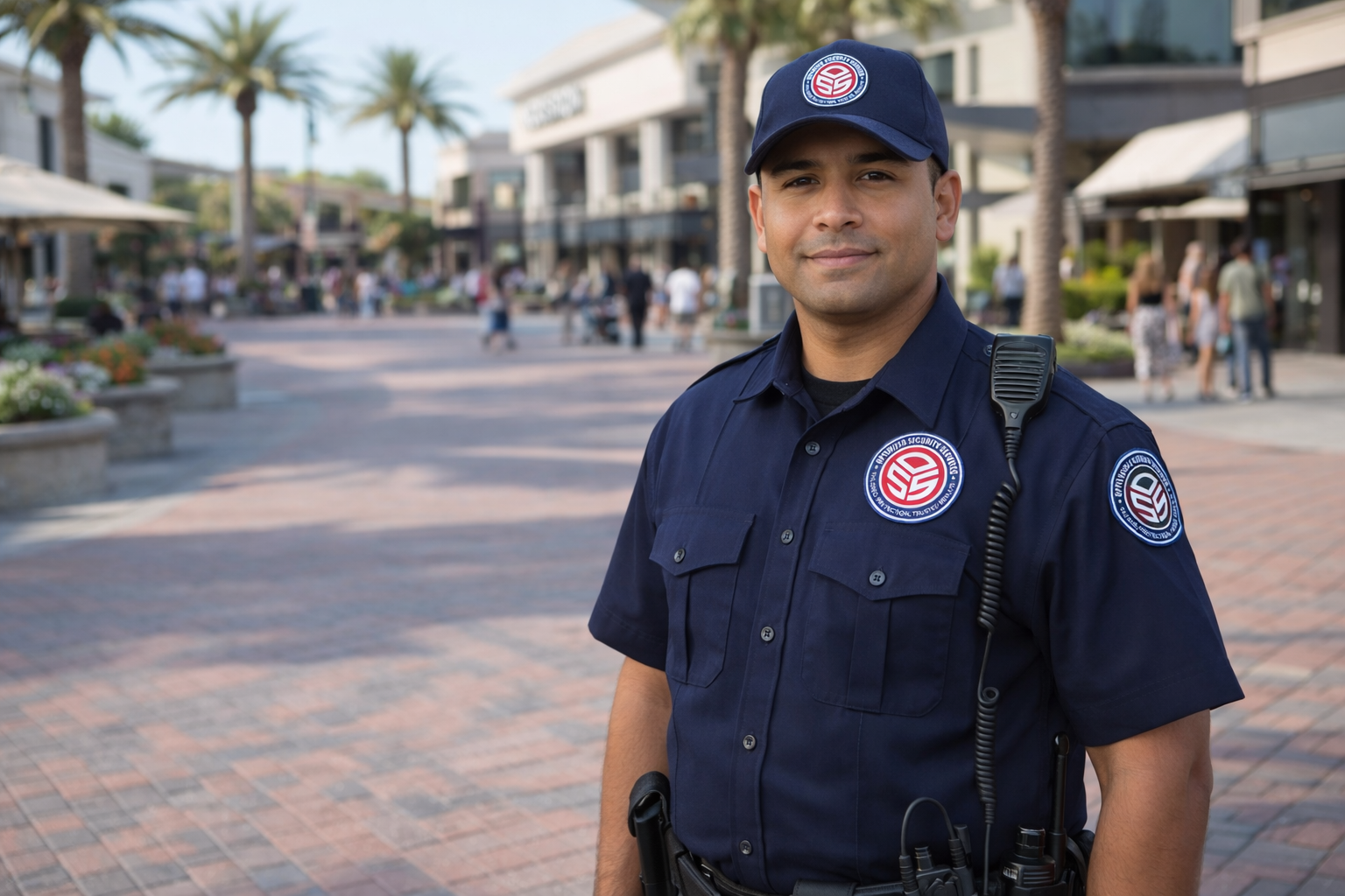 Unarmed shopping plaza security officer standing watch in Thousand Oaks—friendly presence, access control, and rapid response for retail safety.