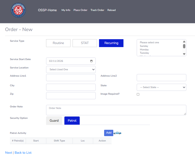 Online security service order form and client portal for placing, tracking, and auditing Guard and Patrol services from Optimized Security Services