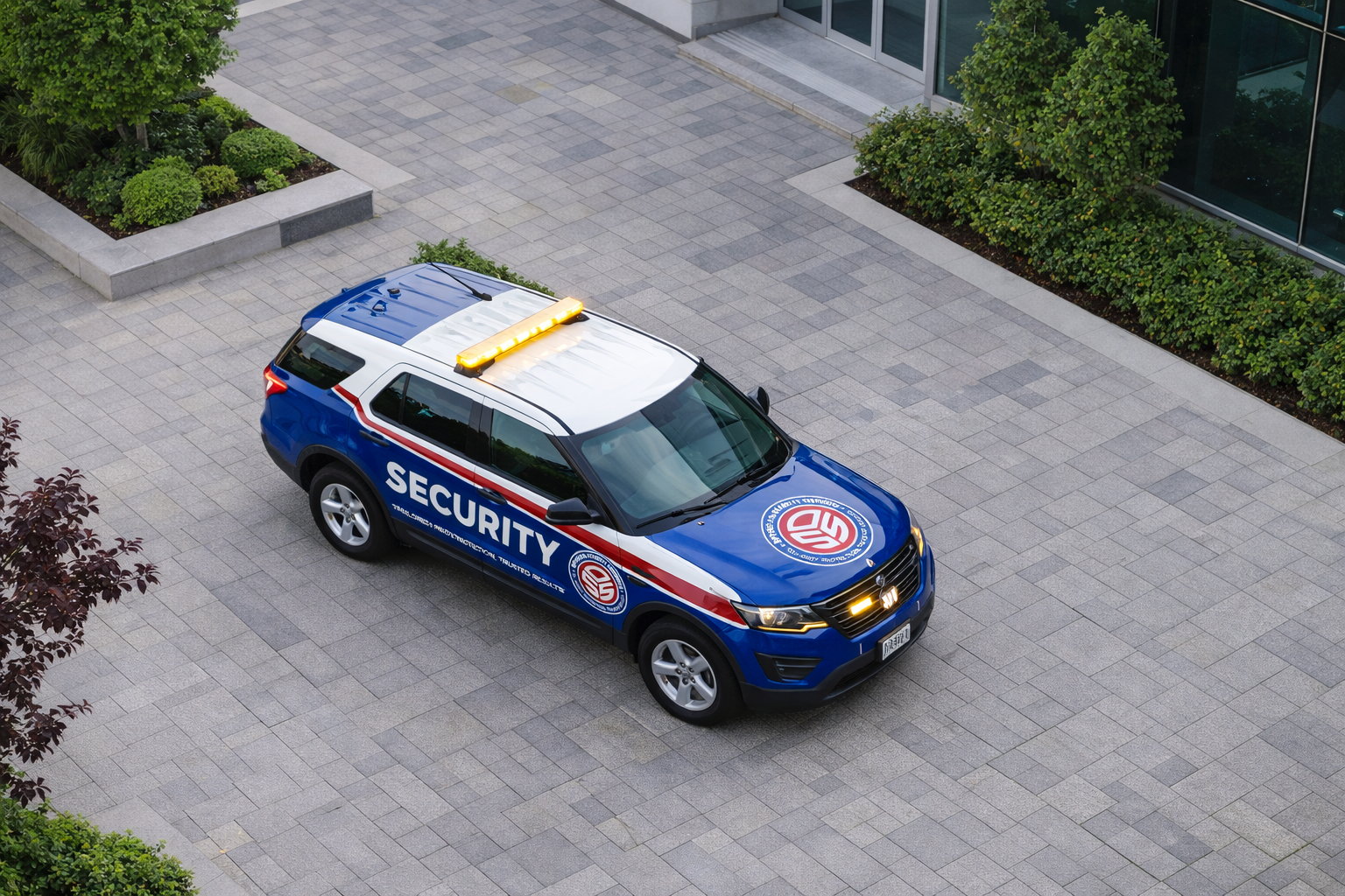 A blue security patrol vehicle with white and red accents parked on a paved area, surrounded by green bushes and trees, near a modern glass building.