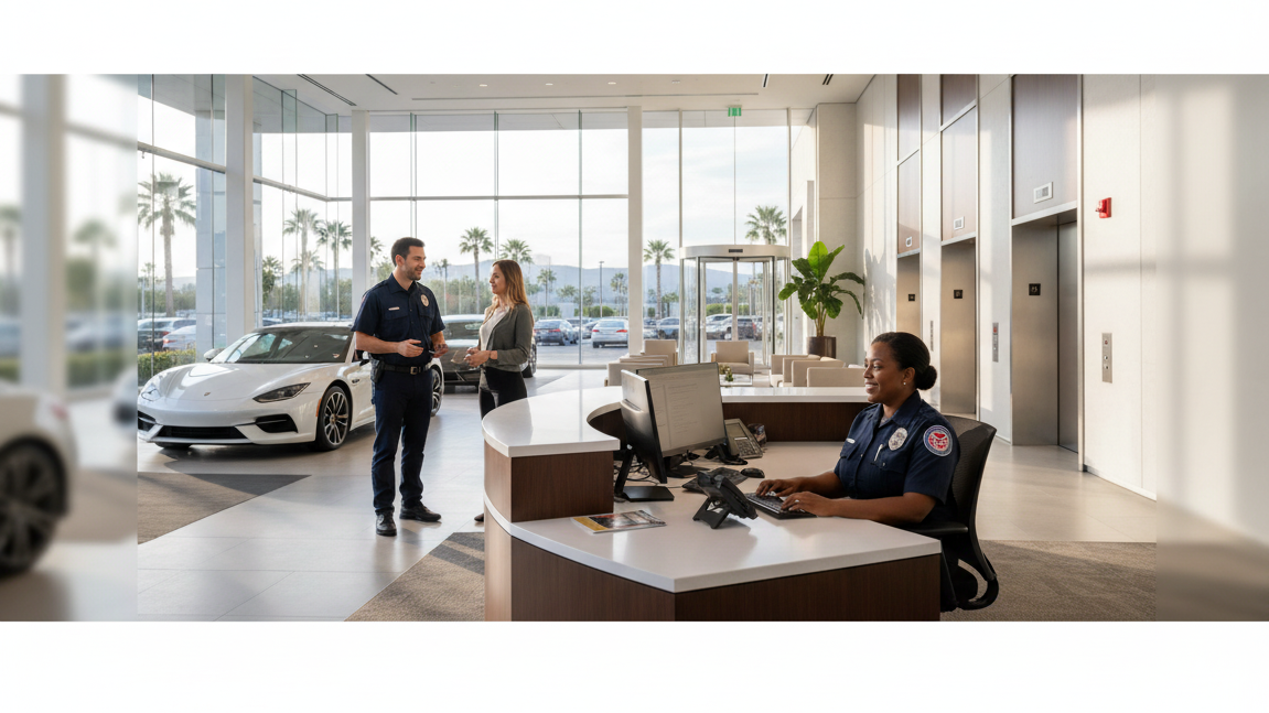 Professional unarmed security guards patrolling an auto dealership parking lot, protecting cars and customers at a Ventura Auto Care Center dealership security service.