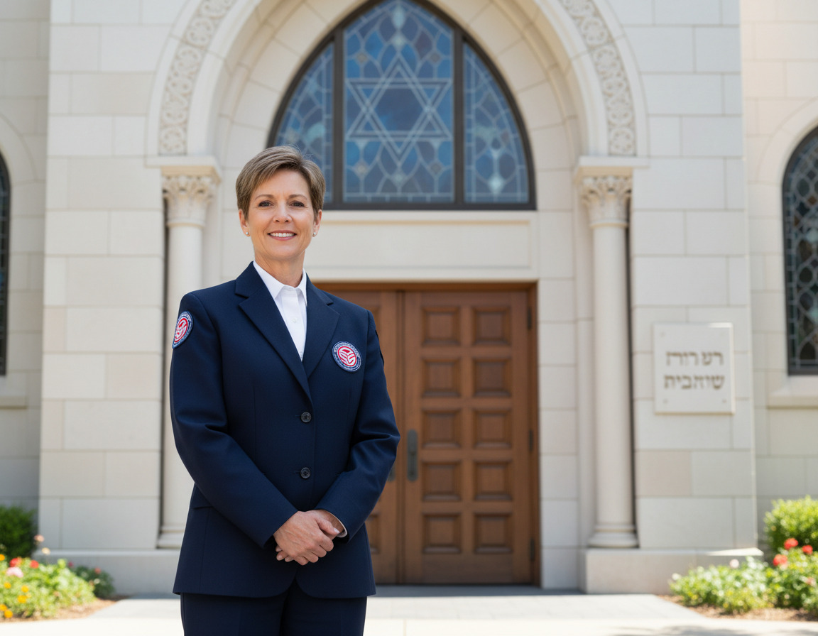 Unarmed religious center guard in Thousand Oaks—trained for worship spaces, handling crowds calmly with radio communication and access control.