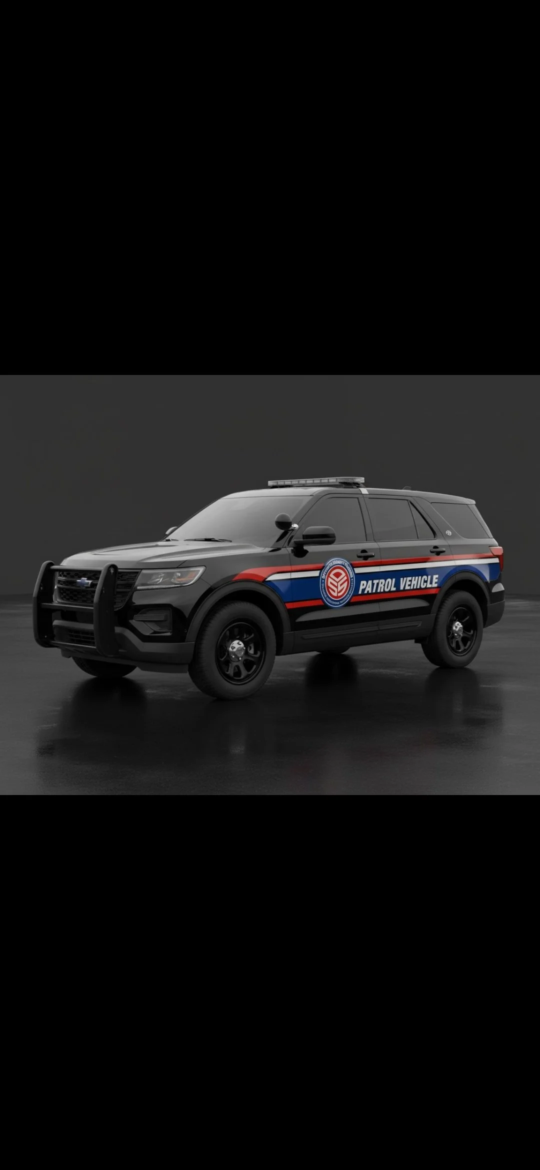 A security patrol vehicle SUV with police markings, including a red, white, and blue stripe, and a seal that reads "Patrol Vehicle" on the side, parked on a dark, reflective surface.