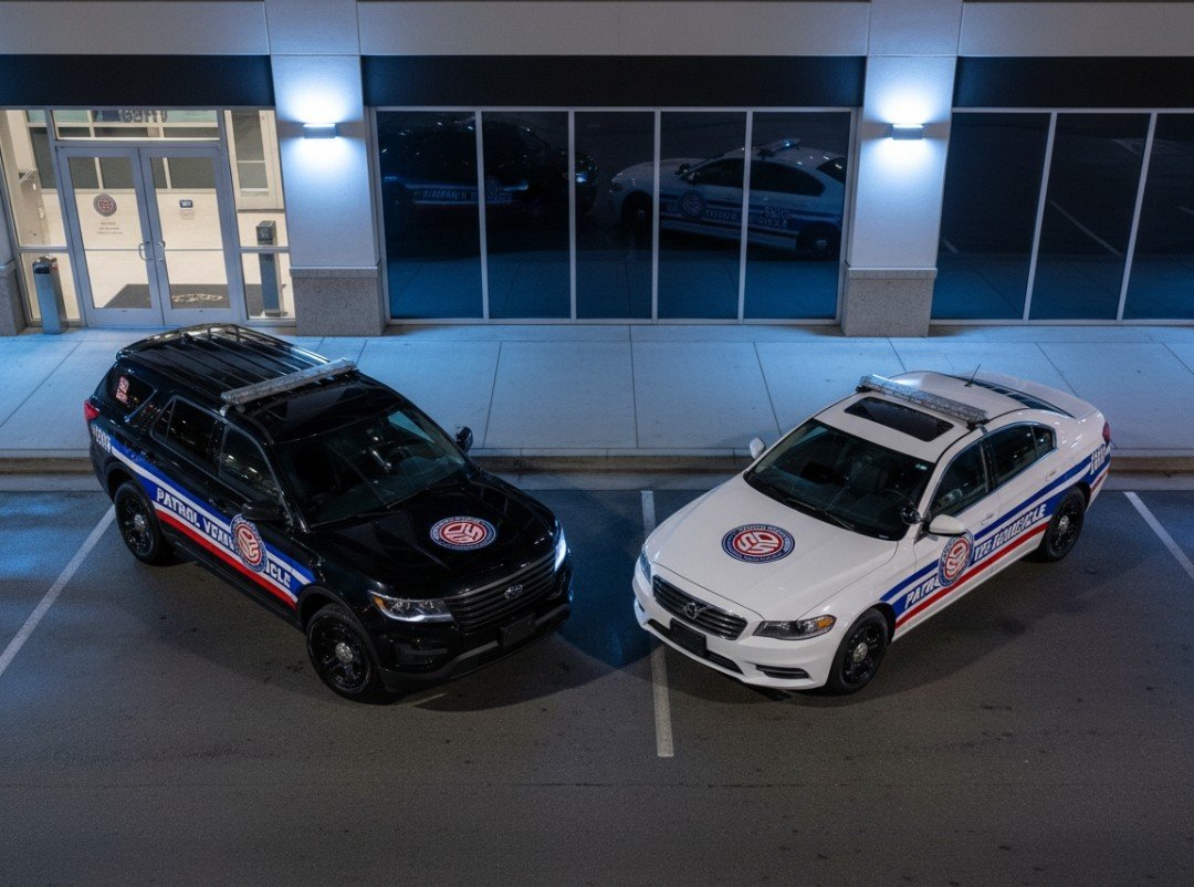 Two security cars, one black and one white, parked in adjacent spots at night in front of a building with large glass windows and double doors. The parking lot is empty besides the security cars.