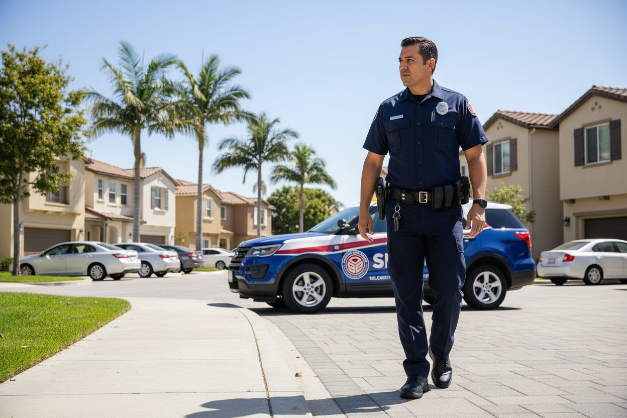 patrol service arriving at a residential community to provide patrol services to protect community from burglary and home invasions
