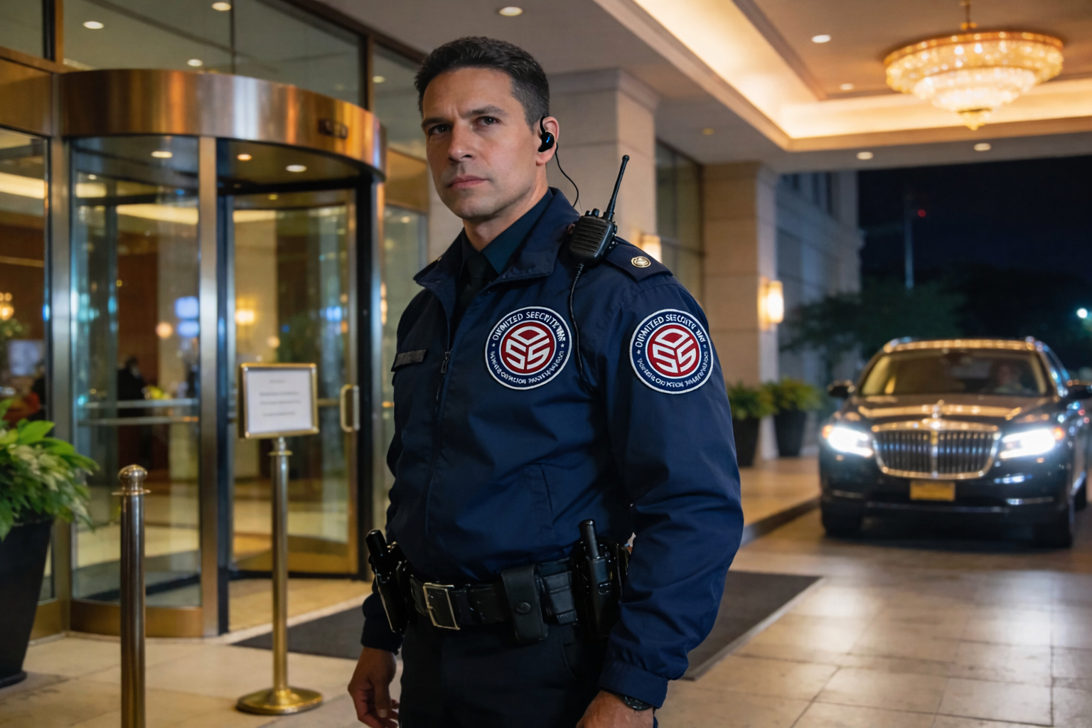 Professional hospitality security officer at front desk of Oxnard hotel—monitoring entrances, handling incidents, and providing visible deterrence for events and stays.