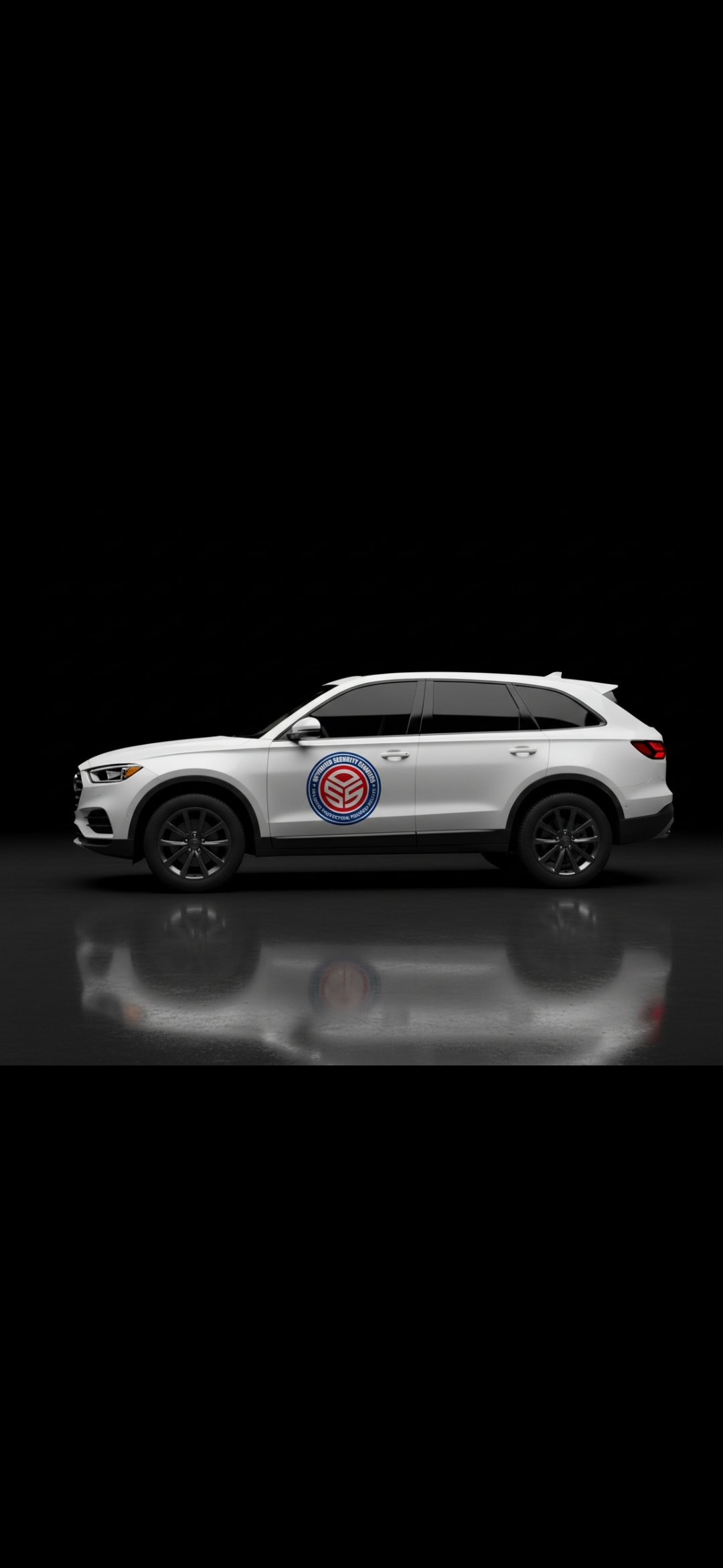 White Security SUV with a security badge logo on the door, parked on a reflective surface against a black background.