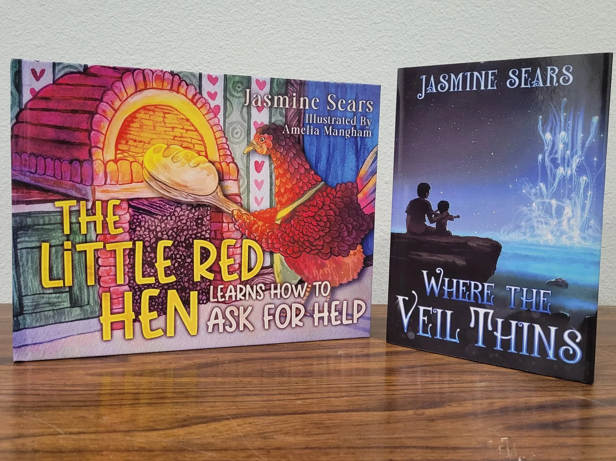 A picture book and a novel stand upright on a wooden table against a white wall