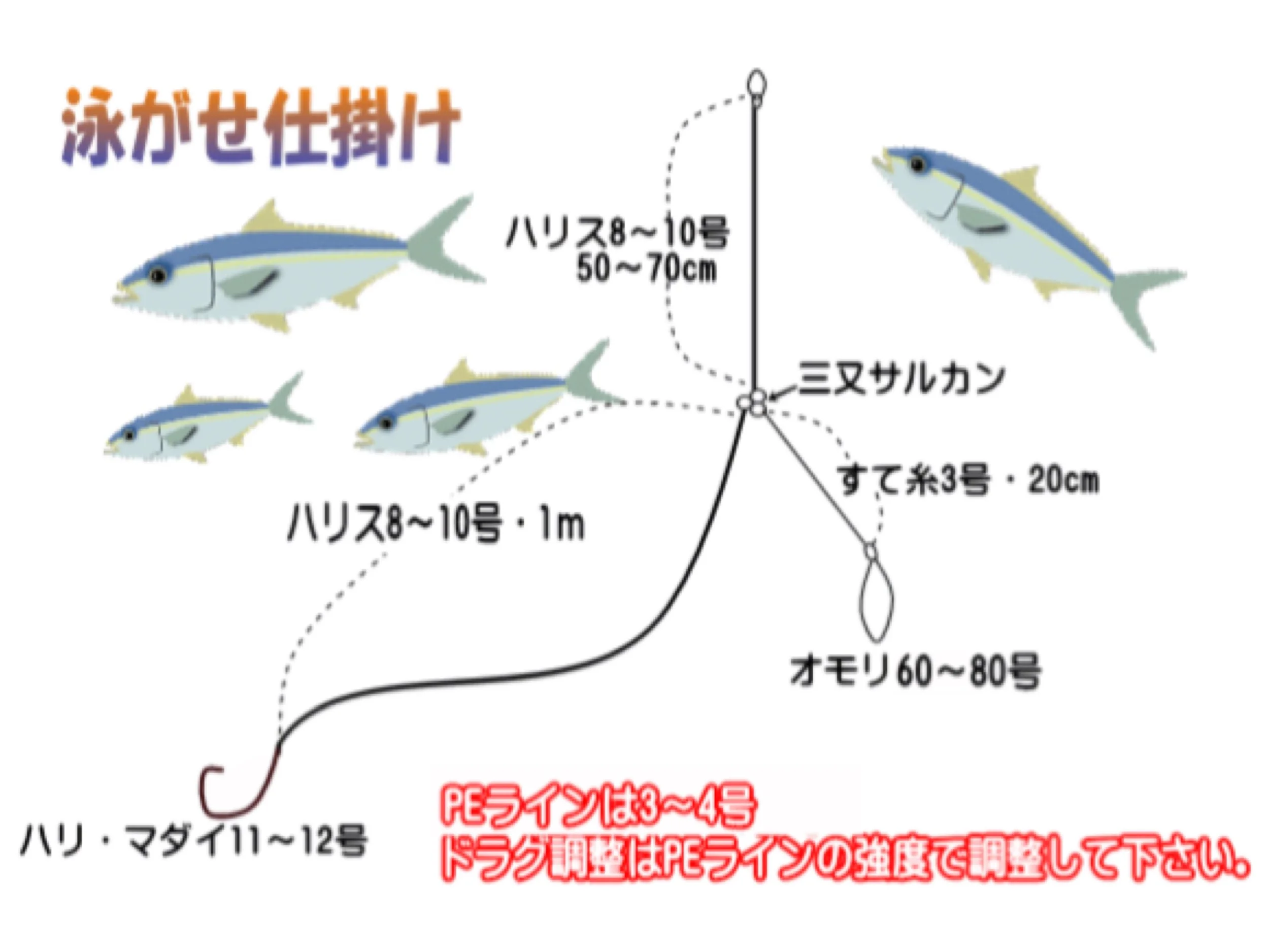 図は釣り用の仕掛けの解説で、魚のイラストとともに釣り糸の長さや太さの種類、針のサイズなどが示されている。