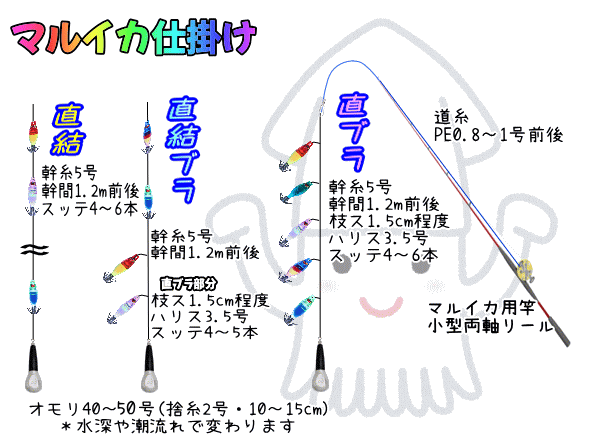 マルイカ仕掛けの説明図。直結ブランコと直結ブラの構造と使用針、糸の長さや太さの詳細が記載されている。