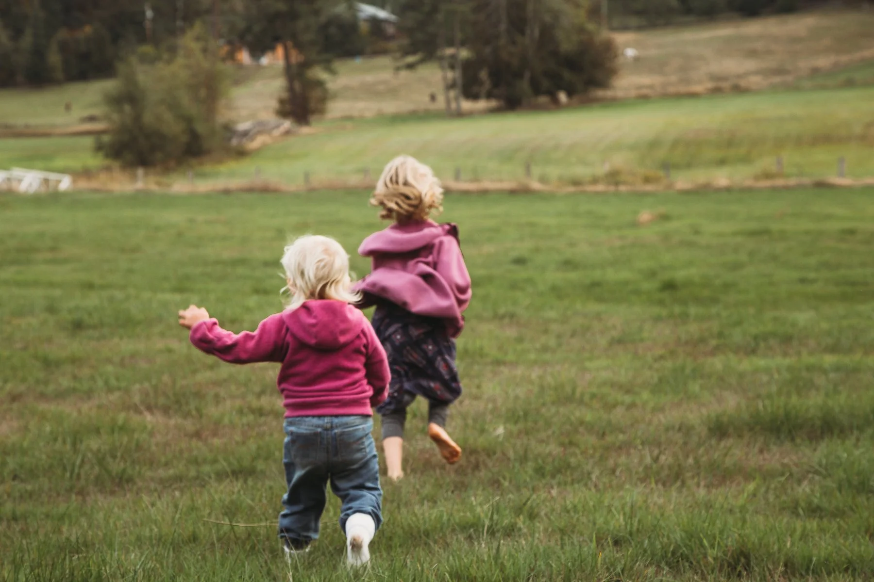 Children running in a grassy field with trees in the background.