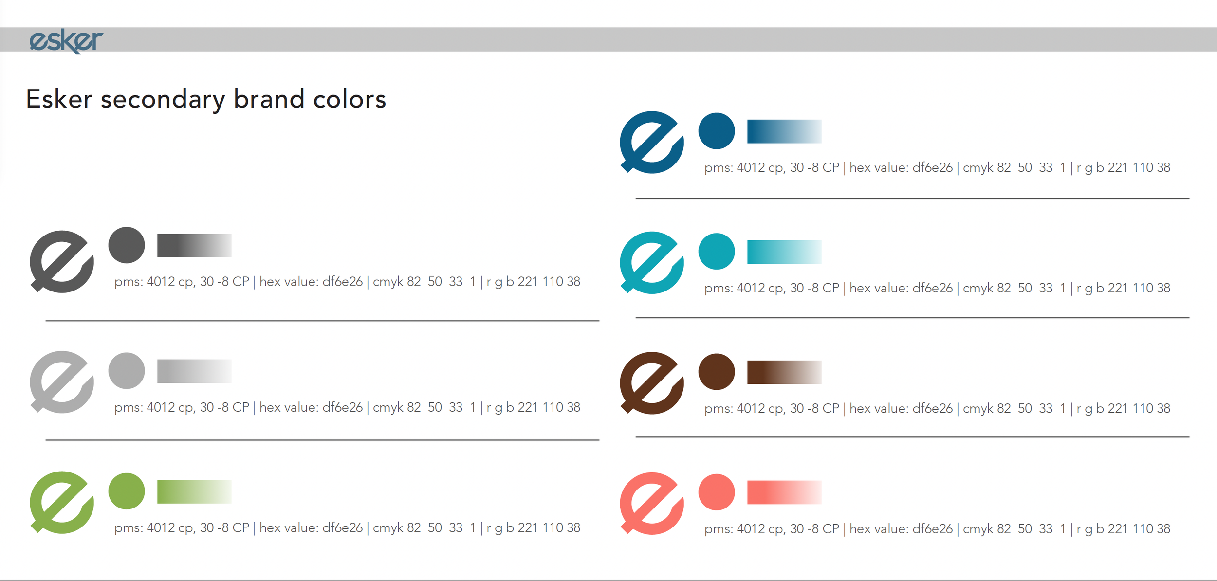 Chart showing Esker secondary brand colors with circles of black, teal, brown, bright green, navy blue, dark brown, and coral, each labeled with color codes and hex values.