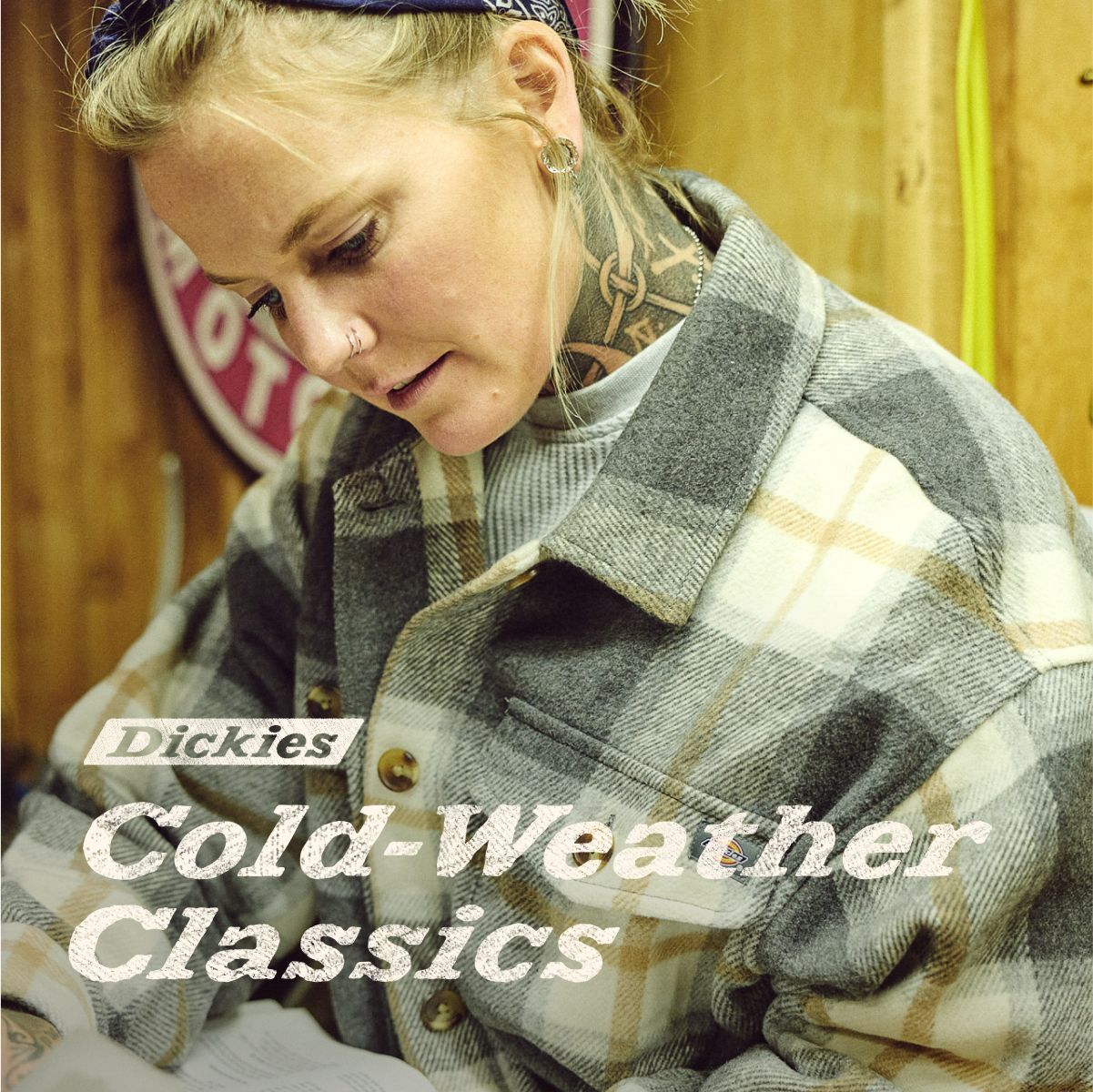 Image of woman in Dickies flannel Shirt Jacket reading, headline on image: Dickies (logo) Cold Weather Classics