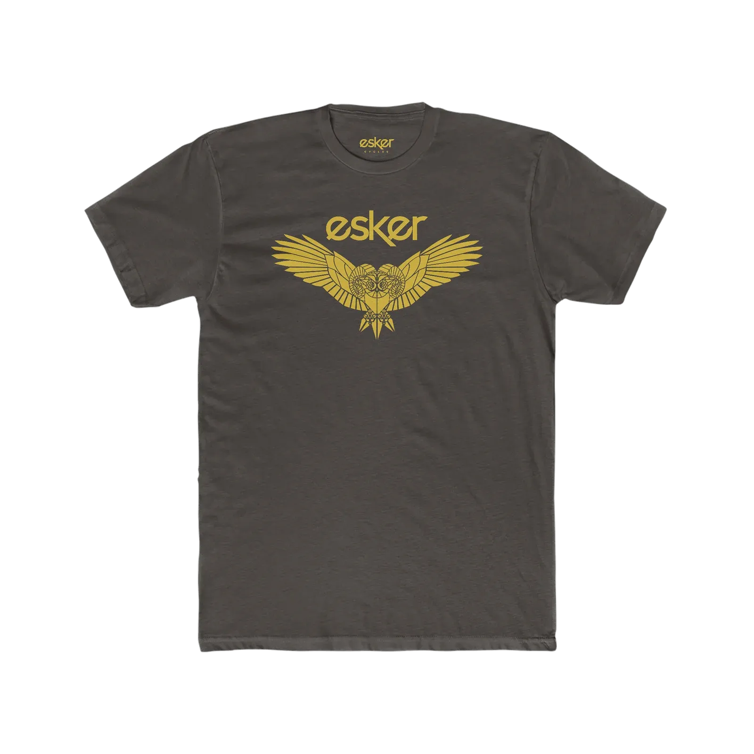 Gray t-shirt with a gold graphic of an owl with outstretched wings and the word "esker" above it.